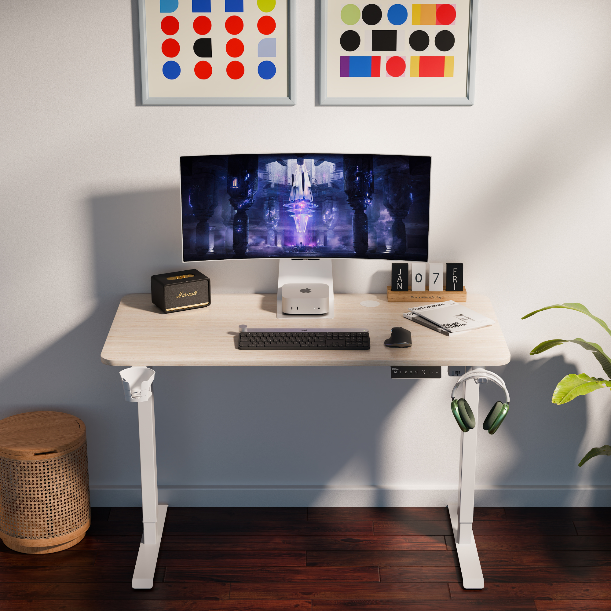 Modern home office setup with a desk, computer monitor, and decor.