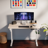 Modern home office setup with a desk, computer monitor, and decor.