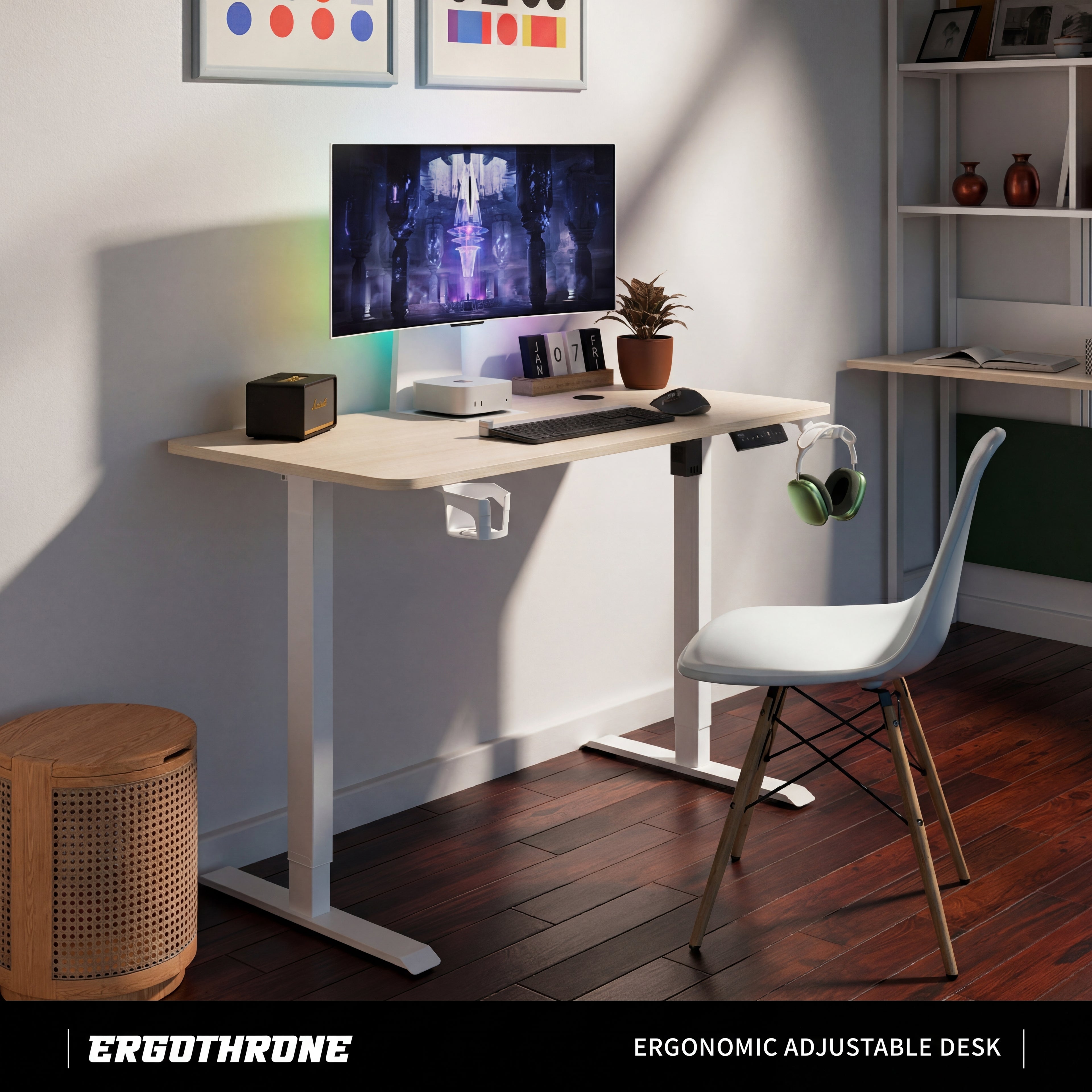Ergonomic adjustable desk setup with a computer monitor, keyboard, and chair in a home office.
