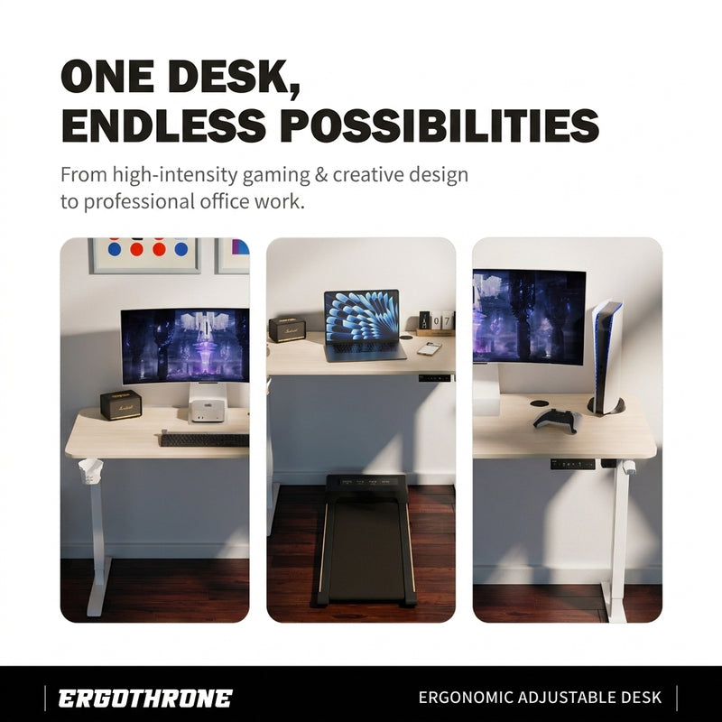 Ergonomic adjustable desk with text 'One Desk, Endless Possibilities' and Ergotron logo.