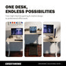 Ergonomic adjustable desk with text 'One Desk, Endless Possibilities' and Ergotron logo.