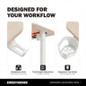 Ergonomic adjustable desk with features like headphone hook, fluid height adjustment, and integrated cup holder on a white background.